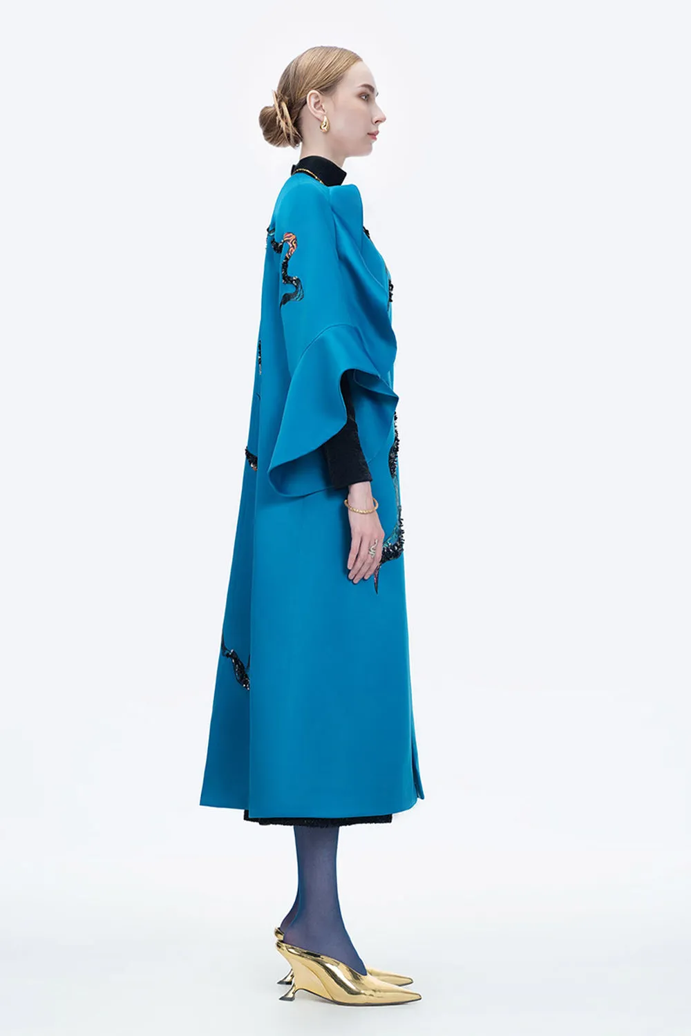 Poppy Of The Moon Coat Trapezoid Ruffle Trim Twill Calf Length Coat