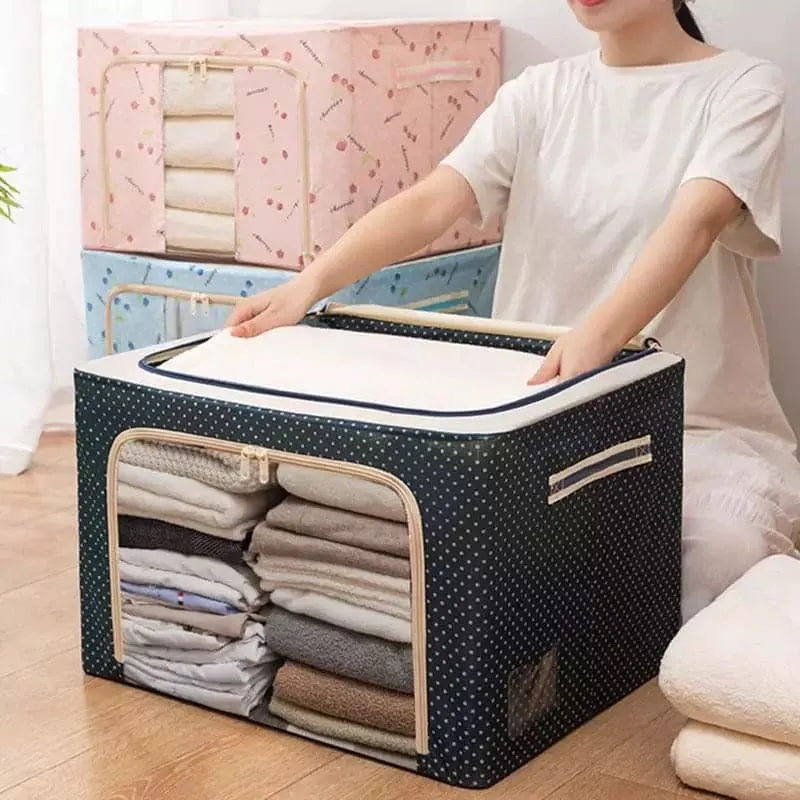 Printed Large Capacity Storage Box, Waterproof Oxford Cloth Steel Storage Box, Clothing Quilt Storage Bag Organizer, Quilt Blanket Socks Stuff Container, Portable Folding Closet Organizer