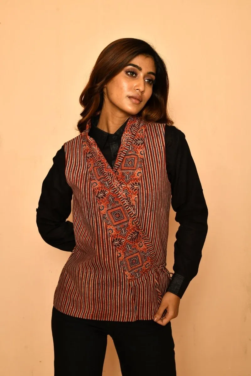 Red Cotton Ajhrak Shawl Jacket for Women