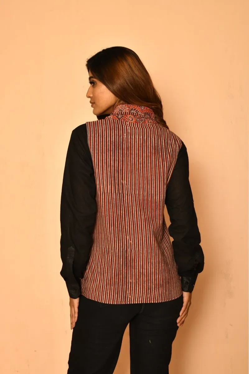 Red Cotton Ajhrak Shawl Jacket for Women