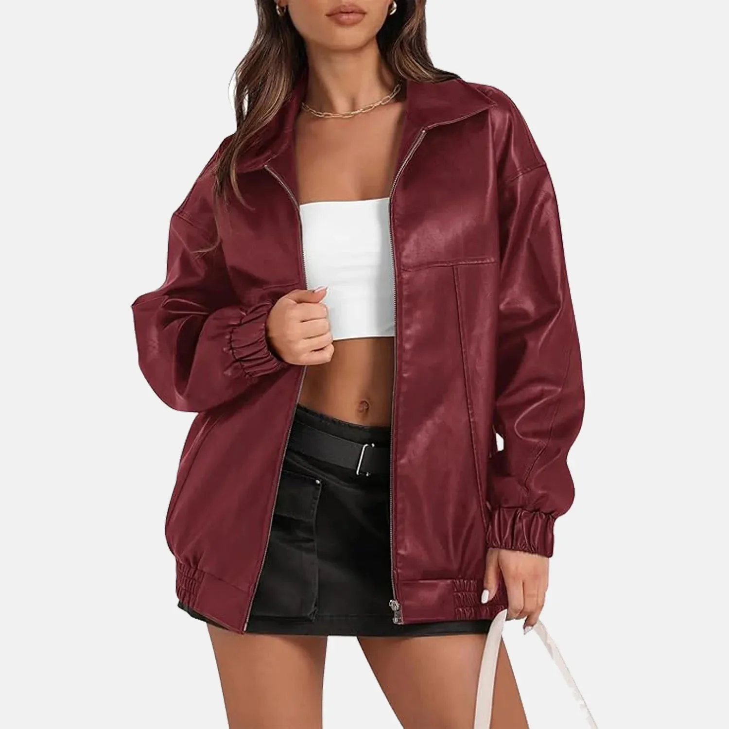 Reida Maroon Leather Bomber Jacket for Women | Order Now