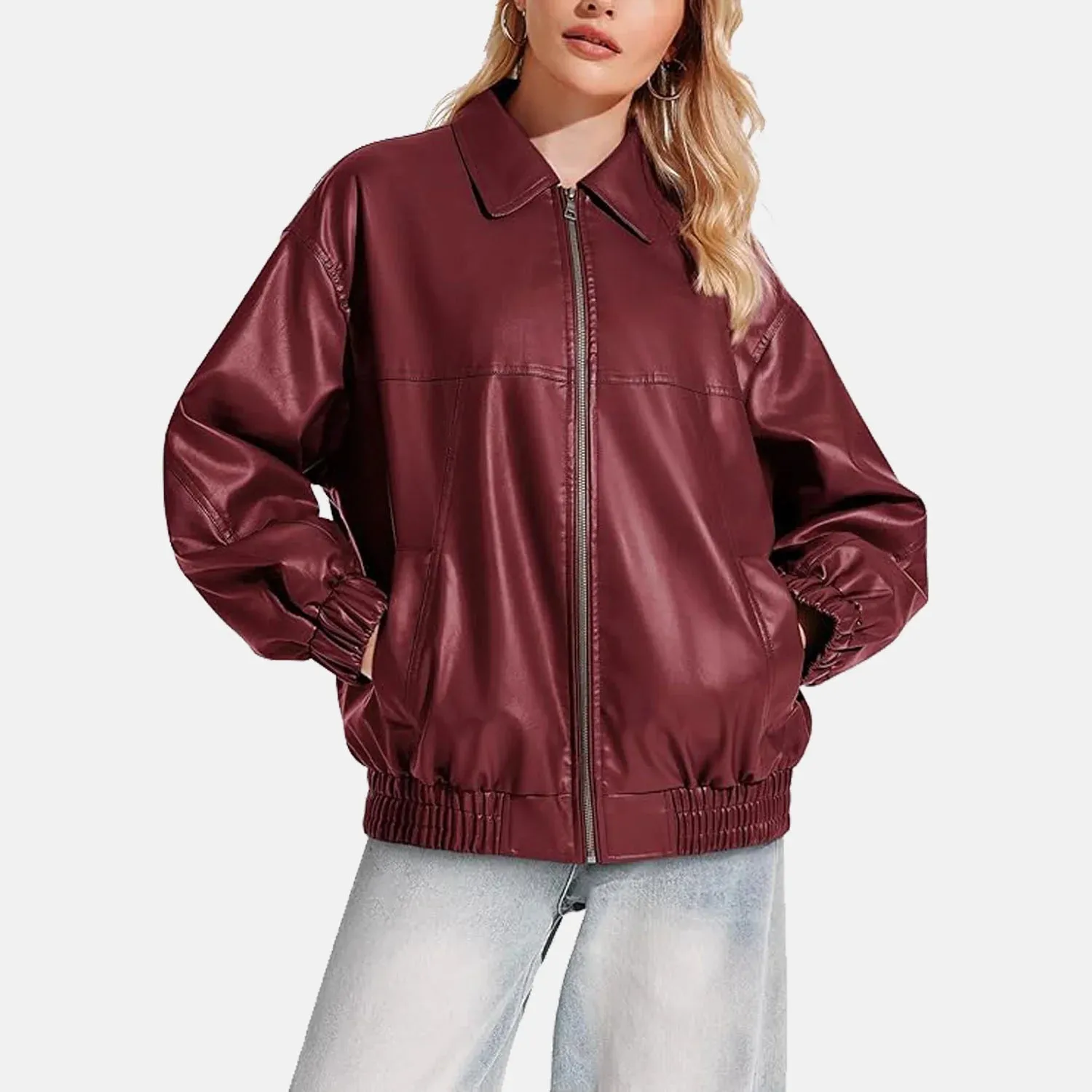 Reida Maroon Leather Bomber Jacket for Women | Order Now