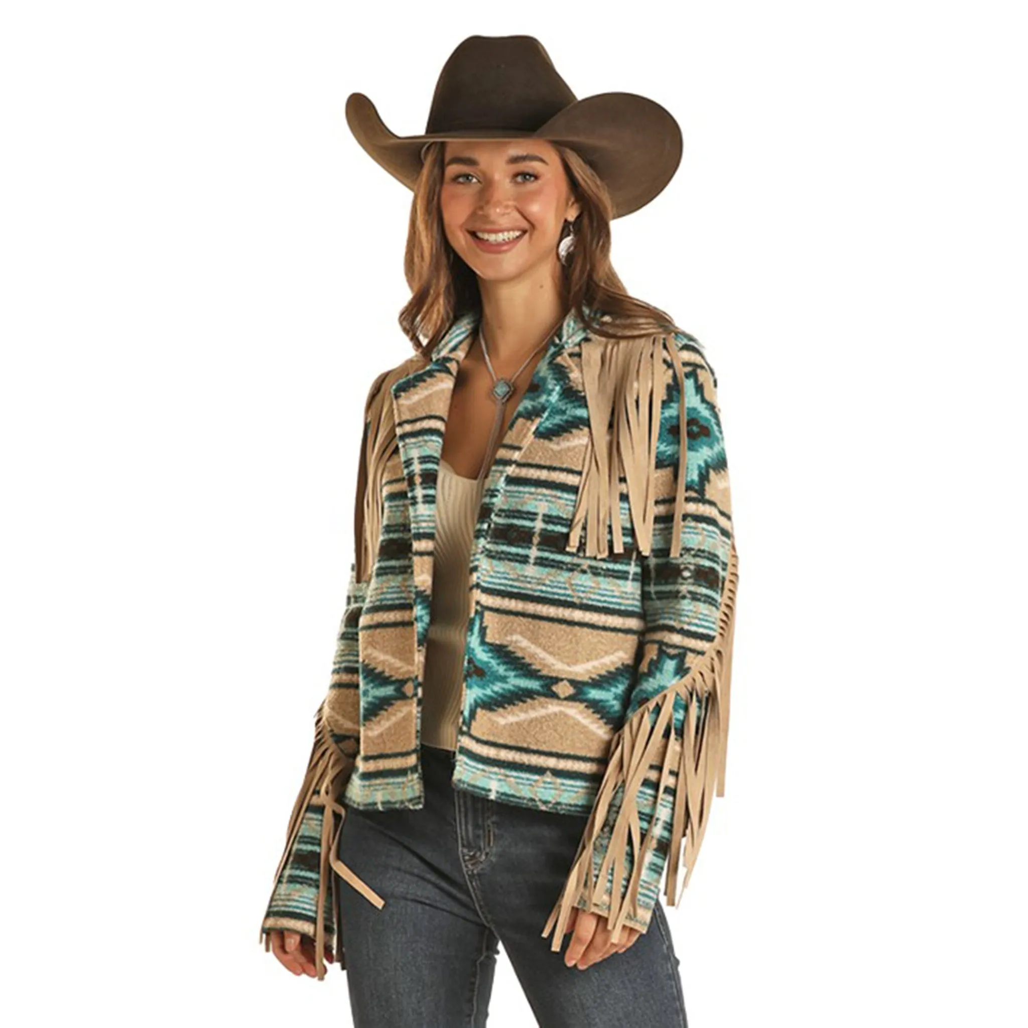 Rock & Roll Women's Turquoise and Tan Aztec Fringe Berber Jacket