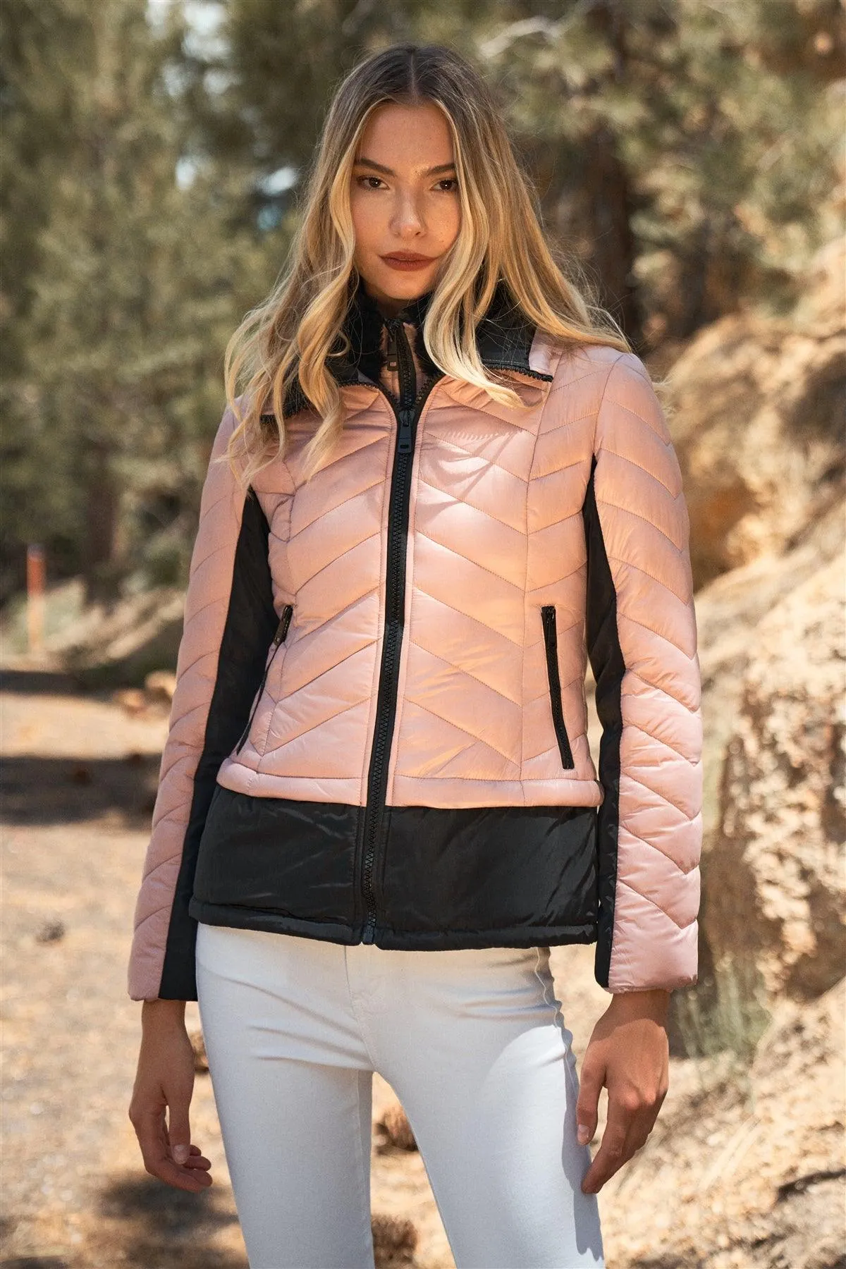 Rose Quilted High Neck Double Zip Fastening Puffer Jacket