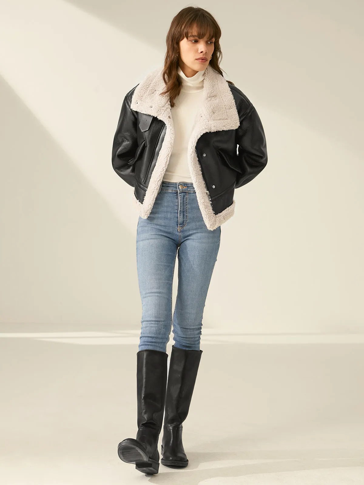 Sherpa Lined Shearling Trendy Leather Flight Jacket