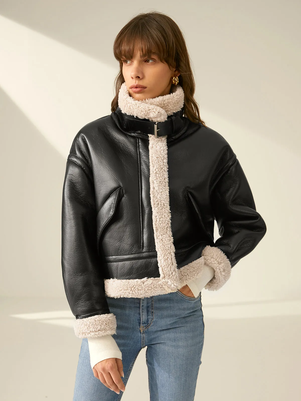 Sherpa Lined Shearling Trendy Leather Flight Jacket