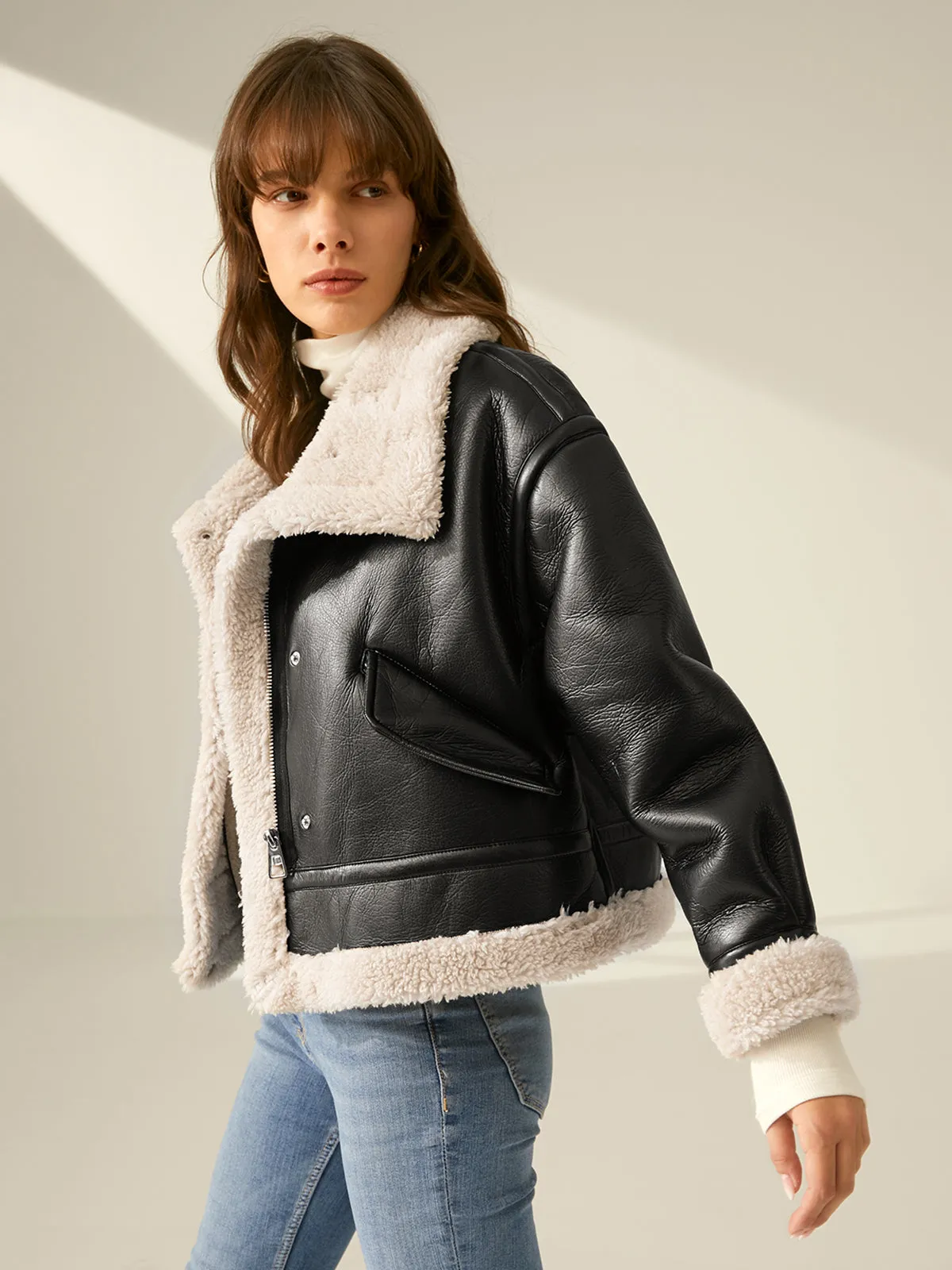 Sherpa Lined Shearling Trendy Leather Flight Jacket