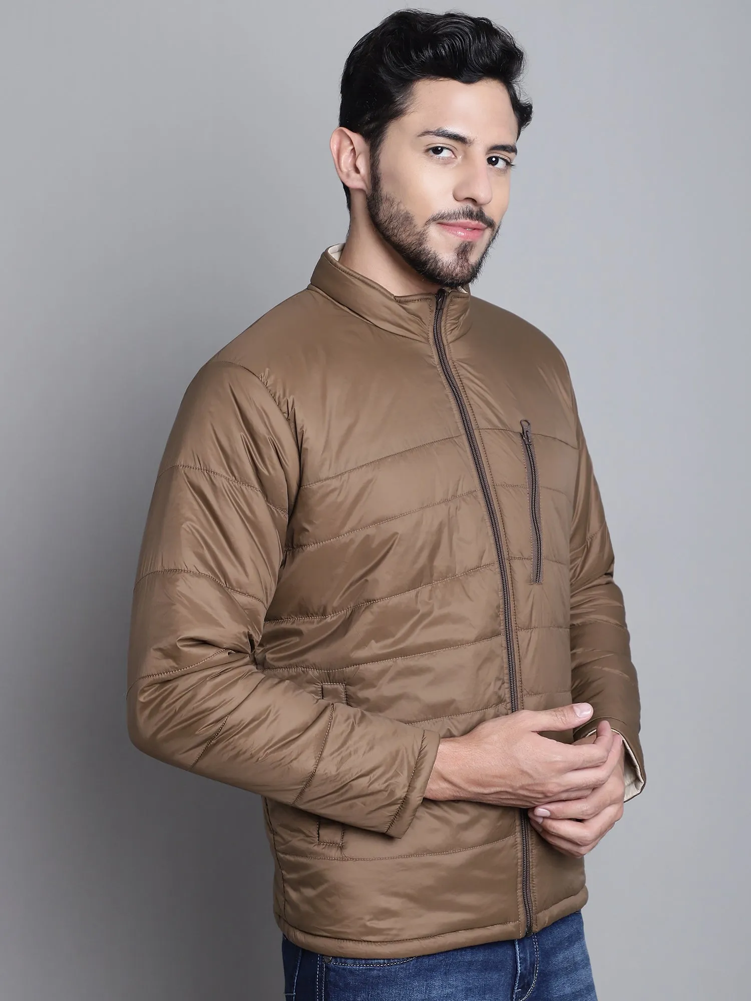 Solid Brown and Beige Full Sleeves Mock Collar Reversible Regular Fit Casual Jacket for Men