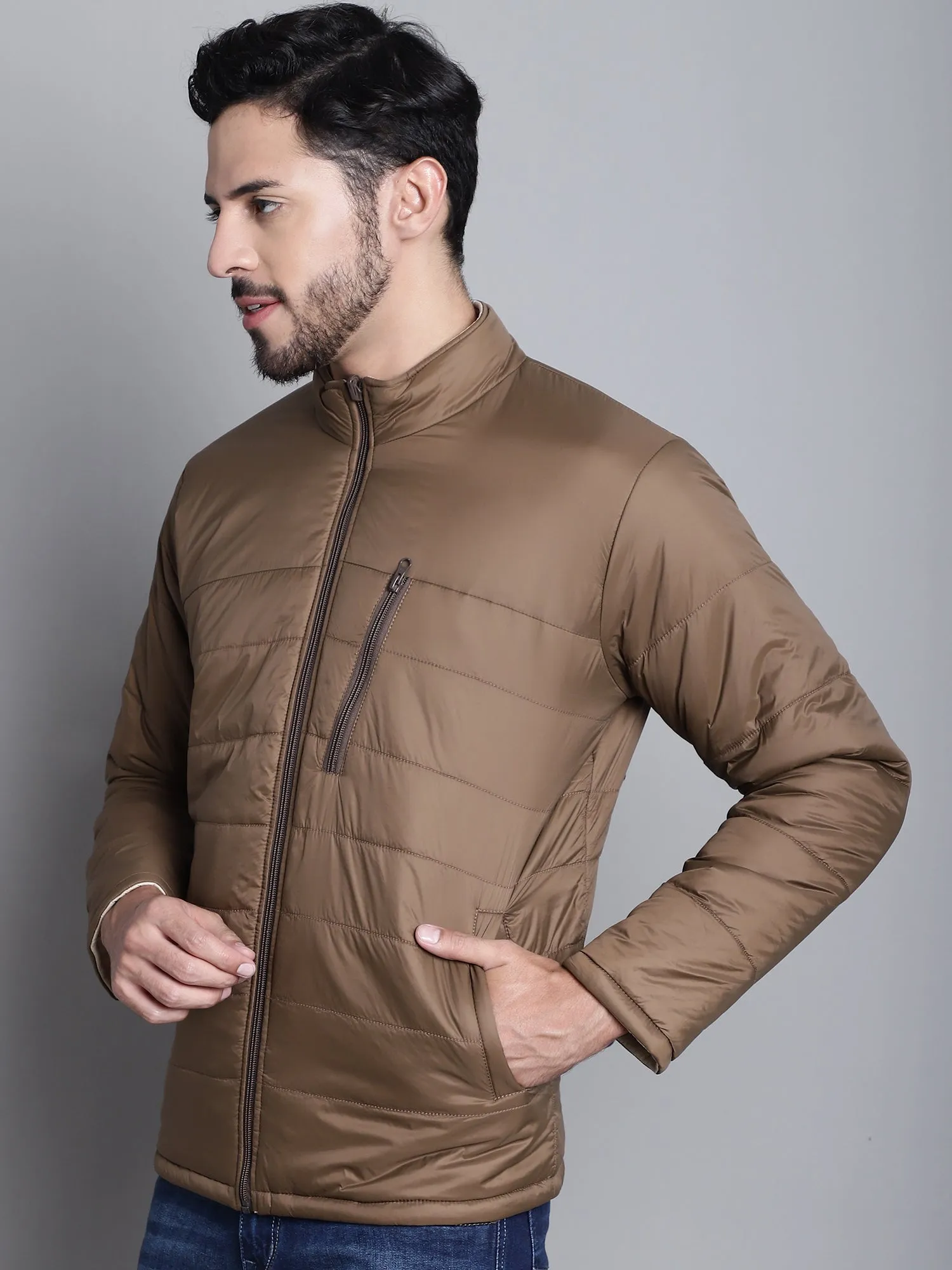 Solid Brown and Beige Full Sleeves Mock Collar Reversible Regular Fit Casual Jacket for Men