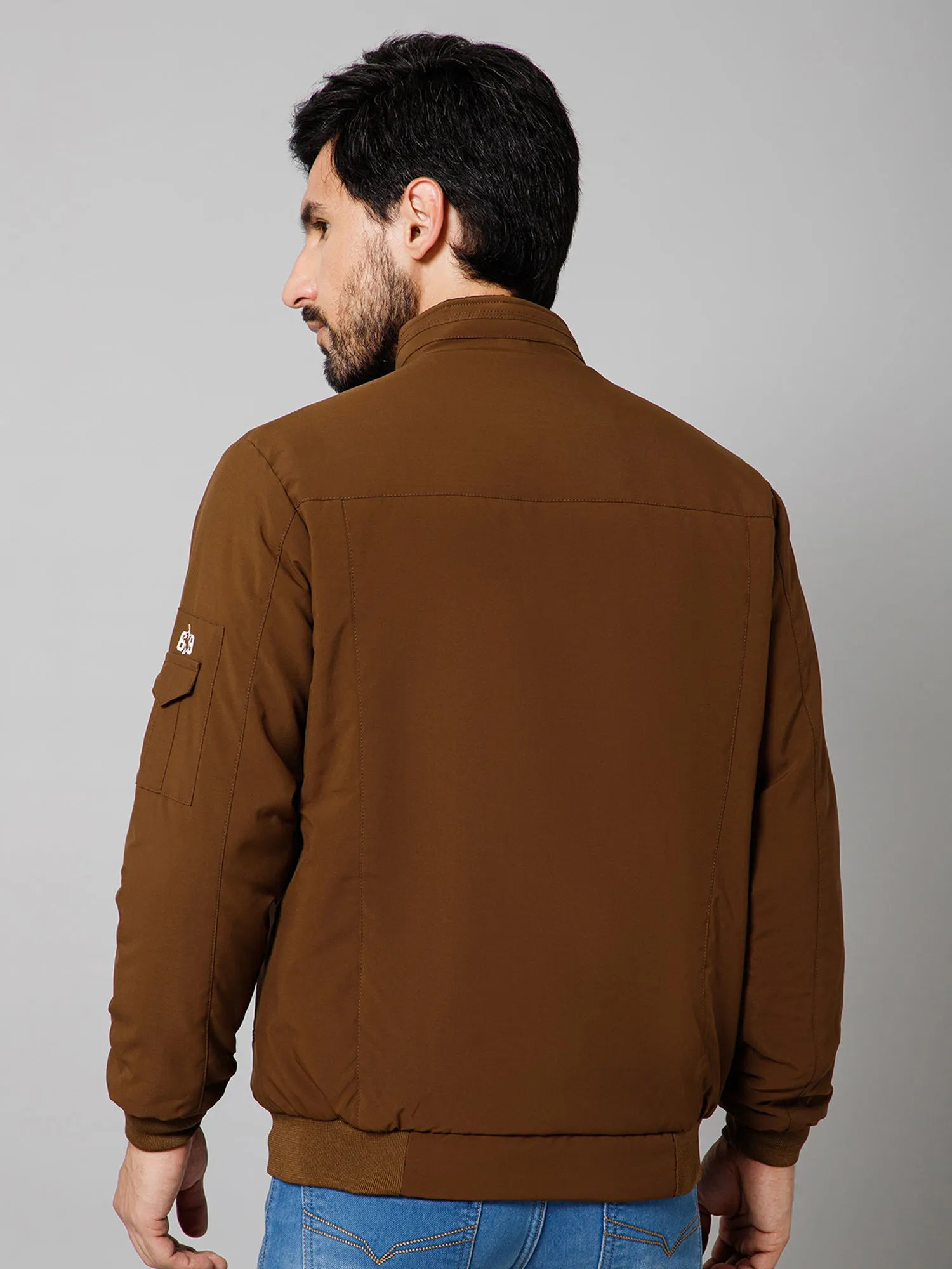 Solid Full Sleeves Mock Collar Regular Fit Brown Casual Reversible Jacket for Mens