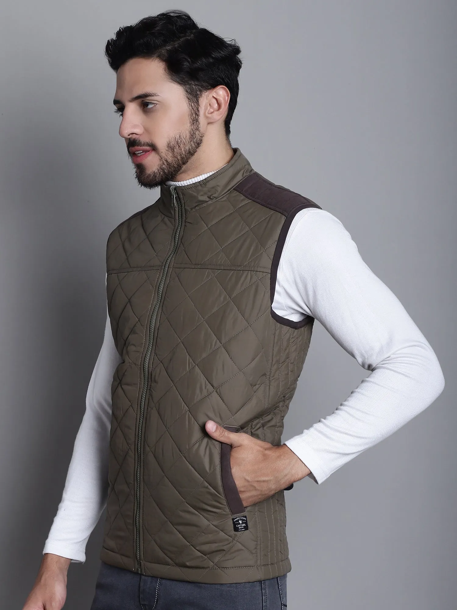 Solid Olive and Beige Sleeveless Mock Collar Regular Fit Reversible Casual Jacket For Mens