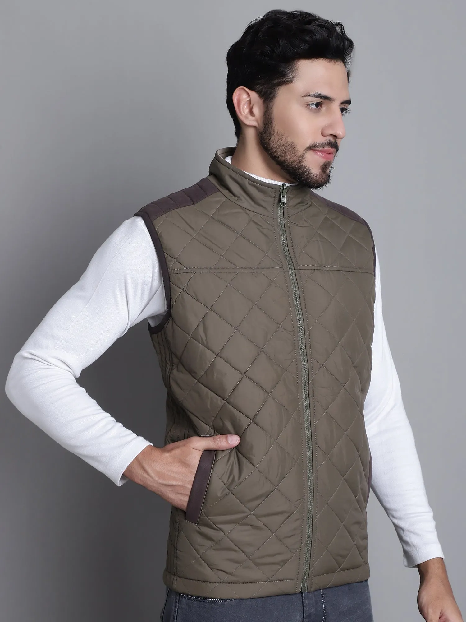 Solid Olive and Beige Sleeveless Mock Collar Regular Fit Reversible Casual Jacket For Mens