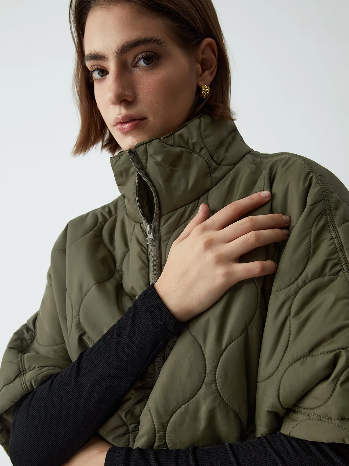 Stand Collar Quilted Trendy Puffer Cape Coat