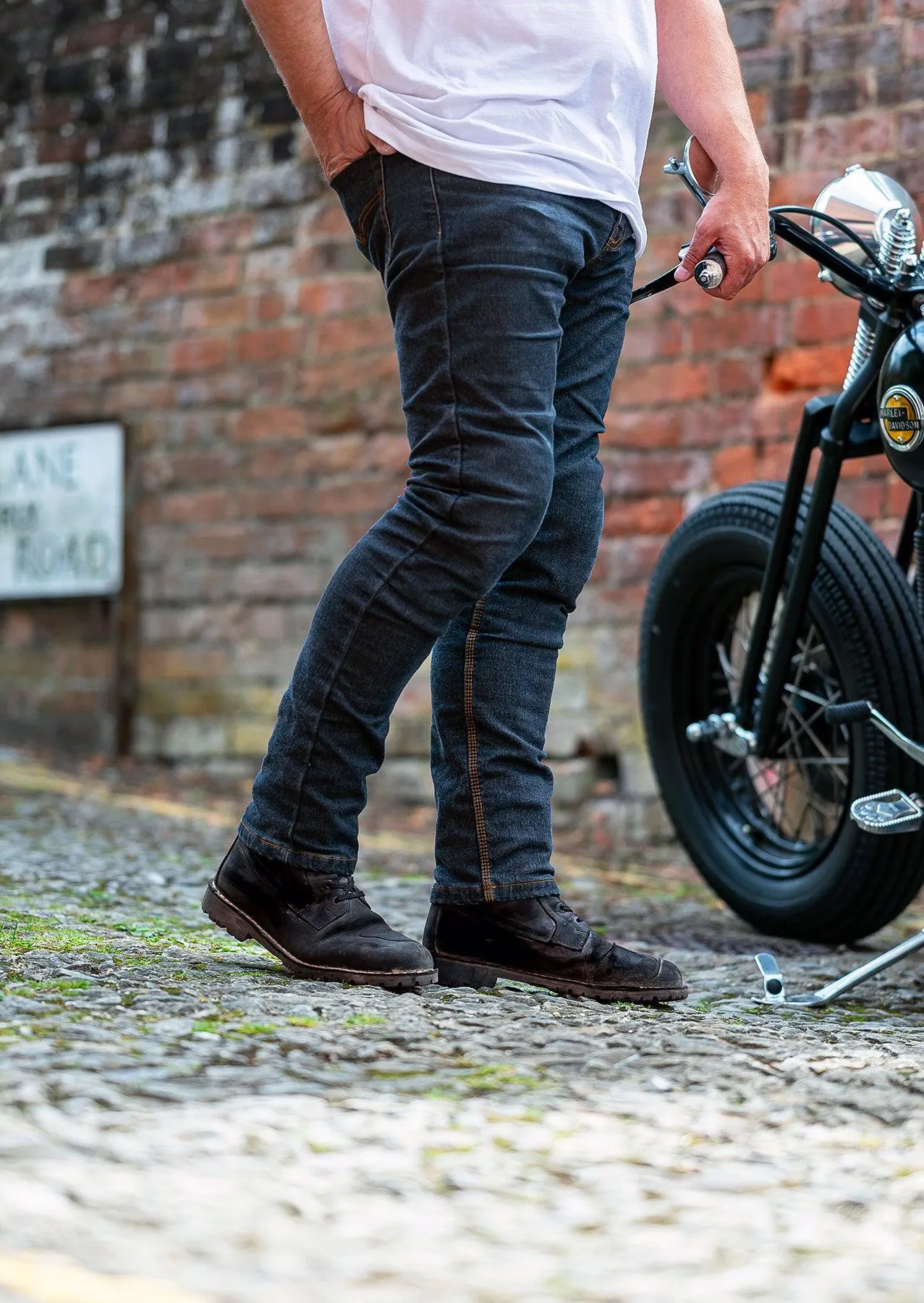 Taranis Elite AAA-rated single-layer motorcycle jeans in dark indigo blue