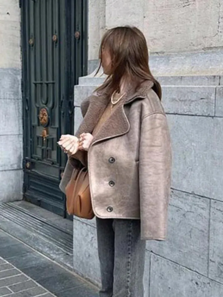 TAVIMART  -  Elegant Lapel Women's Lamb Wool Splicing Suede Jacket Fashion Single Breasted Long Sleeve Thicken Warm Coat Lady Streetwear