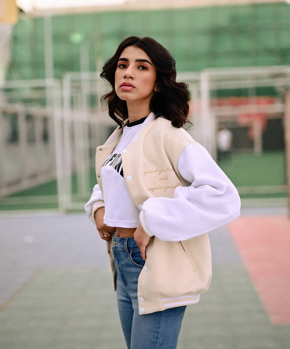 The Wild Beige Letterman Jacket | Varsity Jacket | Women | Weave Wardrobe