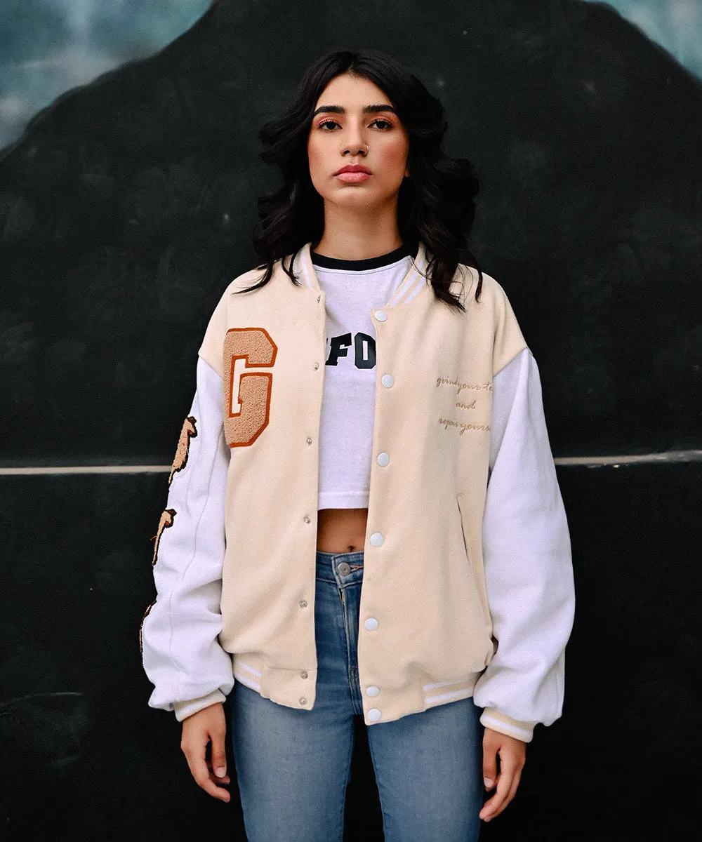 The Wild Beige Letterman Jacket | Varsity Jacket | Women | Weave Wardrobe