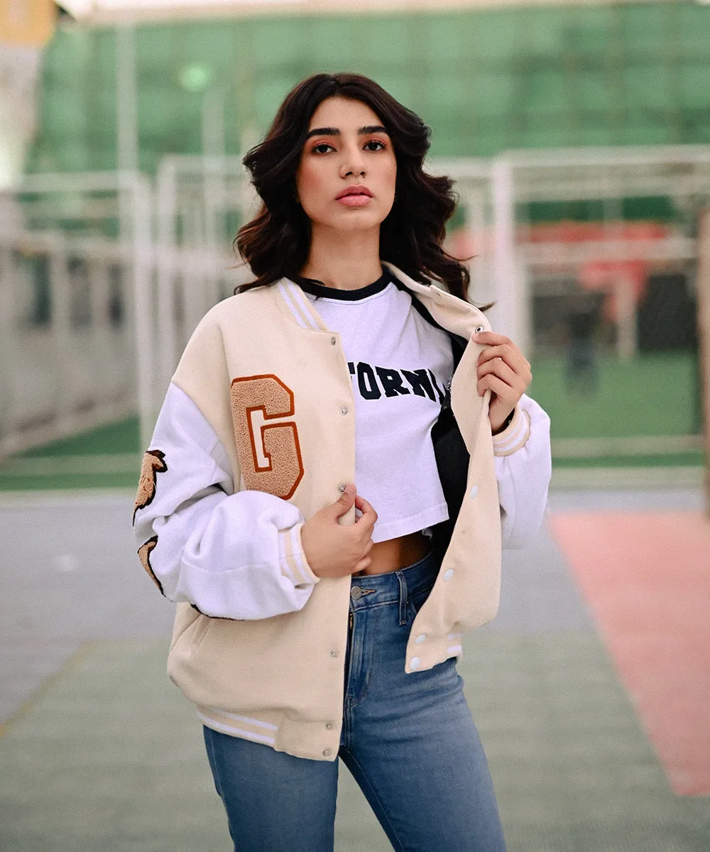 The Wild Beige Letterman Jacket | Varsity Jacket | Women | Weave Wardrobe