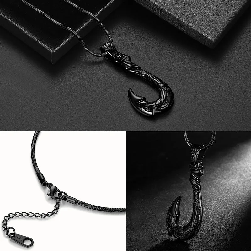 Tokyo Mart Men Fish Hook Necklace Hawaiian Carved Bone Pendant Jewelry Stainless Steel