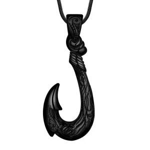 Tokyo Mart Men Fish Hook Necklace Hawaiian Carved Bone Pendant Jewelry Stainless Steel