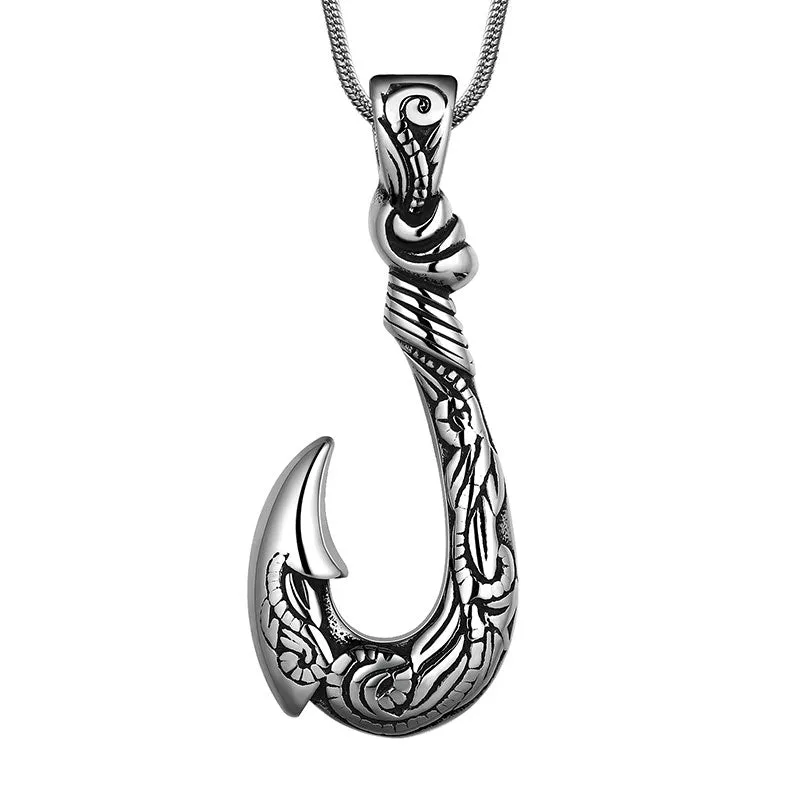 Tokyo Mart Men Fish Hook Necklace Hawaiian Carved Bone Pendant Jewelry Stainless Steel