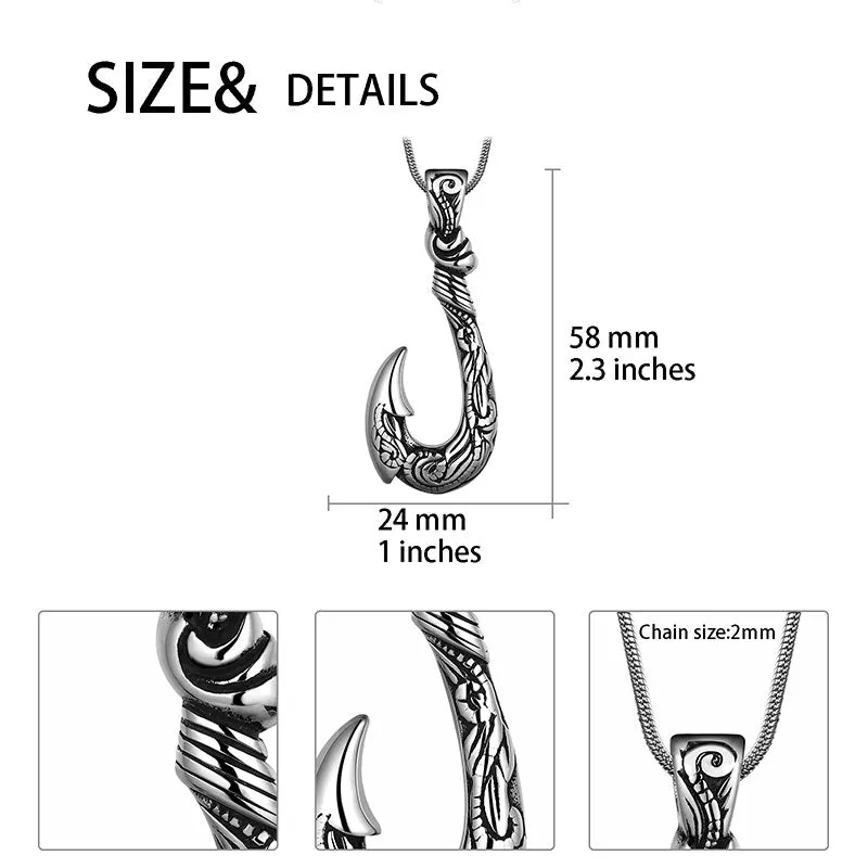 Tokyo Mart Men Fish Hook Necklace Hawaiian Carved Bone Pendant Jewelry Stainless Steel