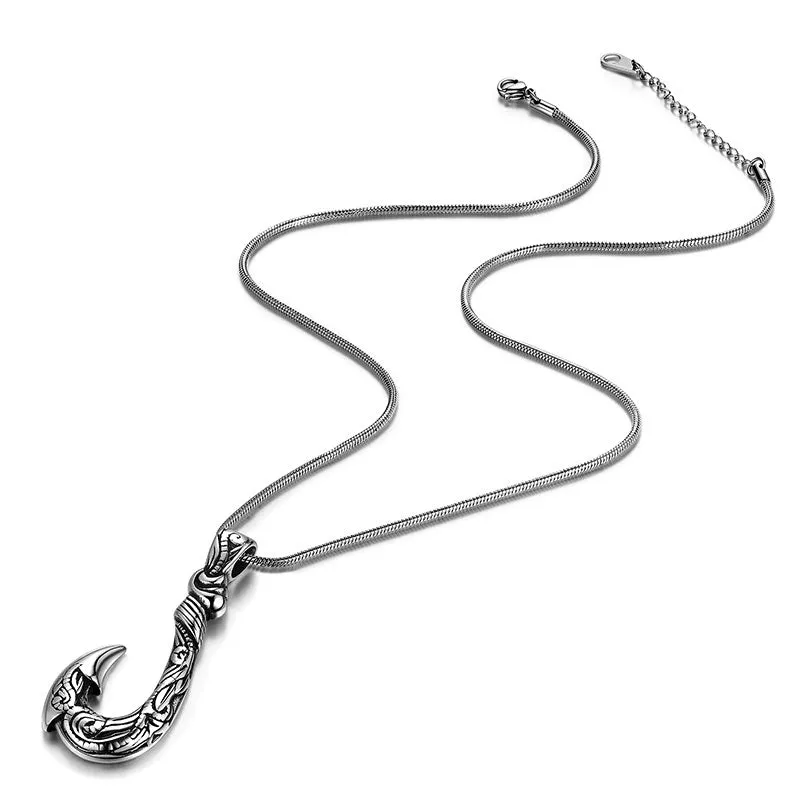 Tokyo Mart Men Fish Hook Necklace Hawaiian Carved Bone Pendant Jewelry Stainless Steel