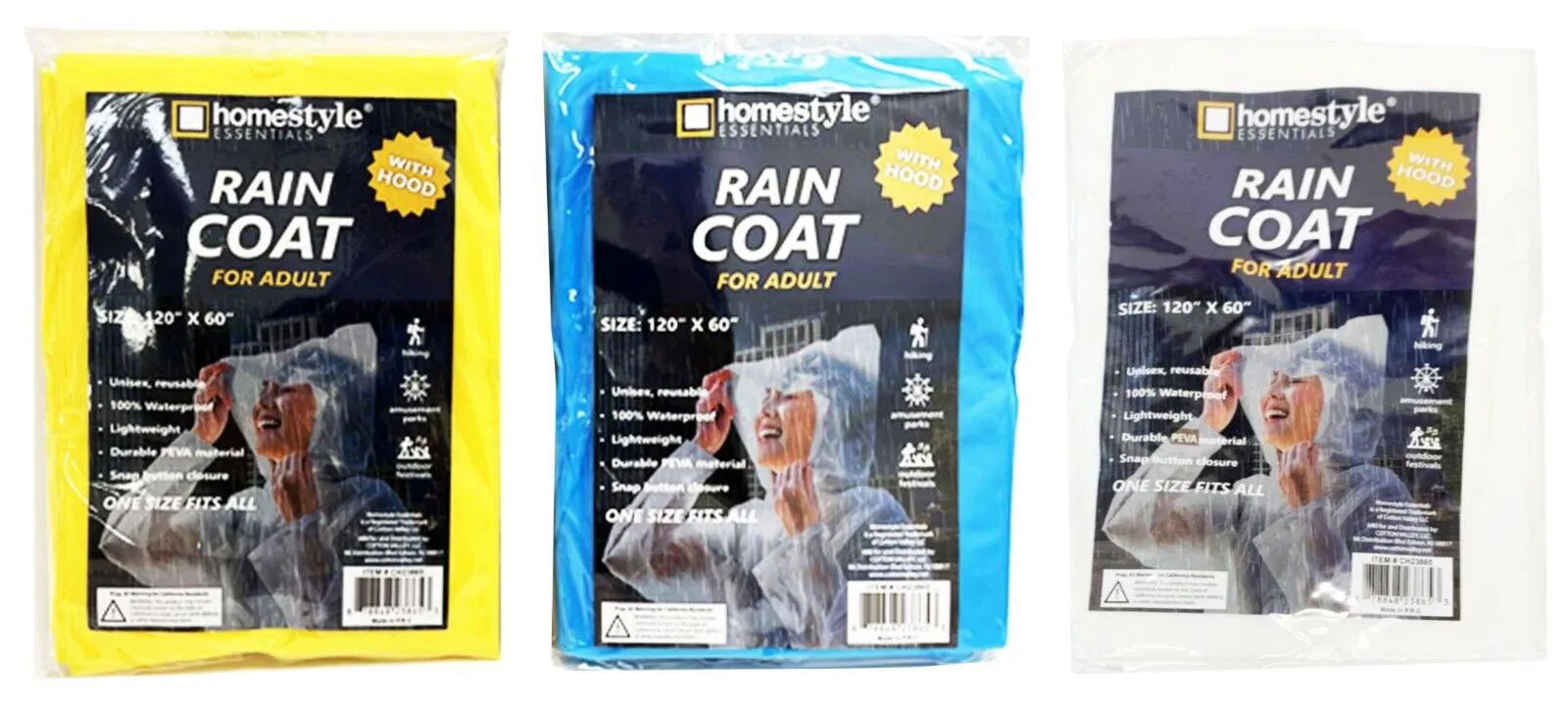 Unisex Adult Waterproof PEVA Raincoat Hooded Jacket Poncho Rainwear (3 Pack)