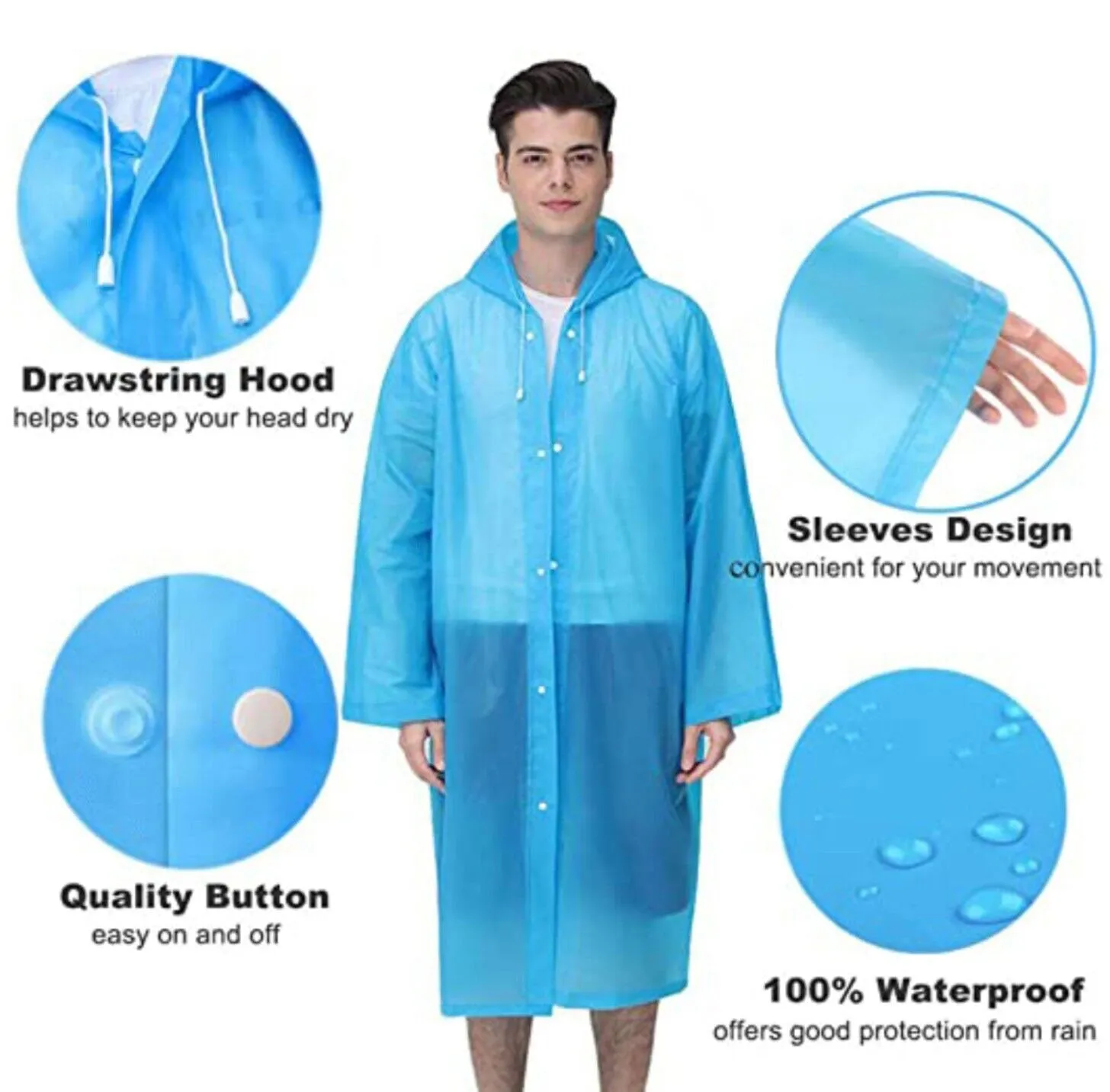 Unisex Adult Waterproof PEVA Raincoat Hooded Jacket Poncho Rainwear (3 Pack)