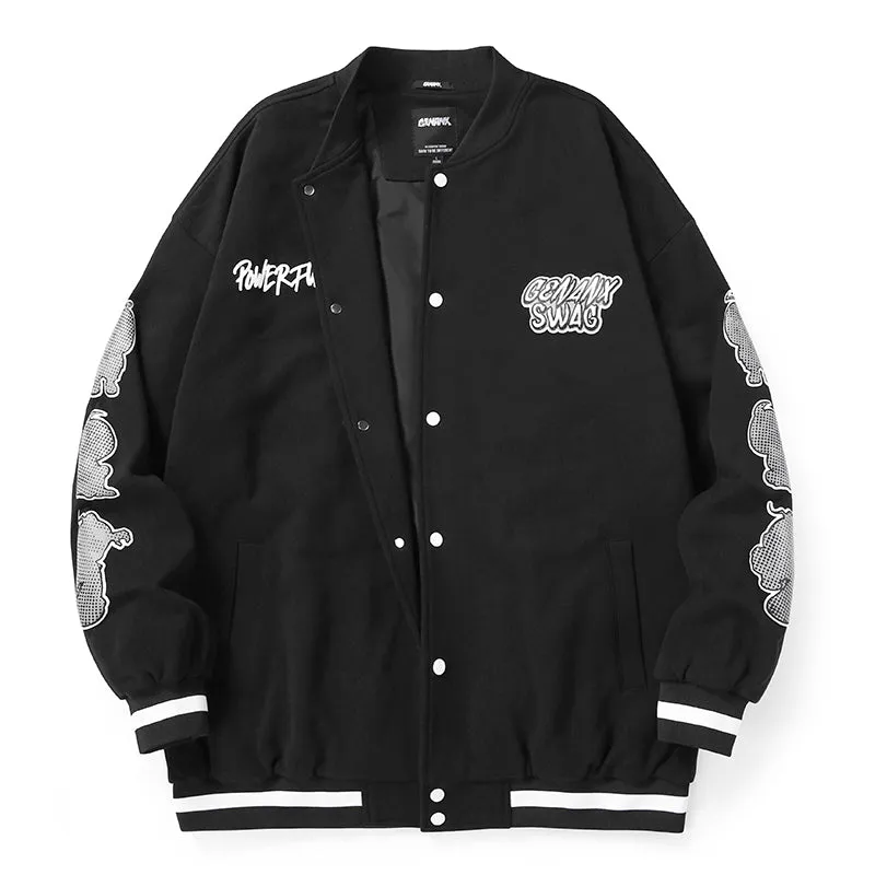 Vibe-Inspired Comic And Letter-Print Baseball Collar Jacket