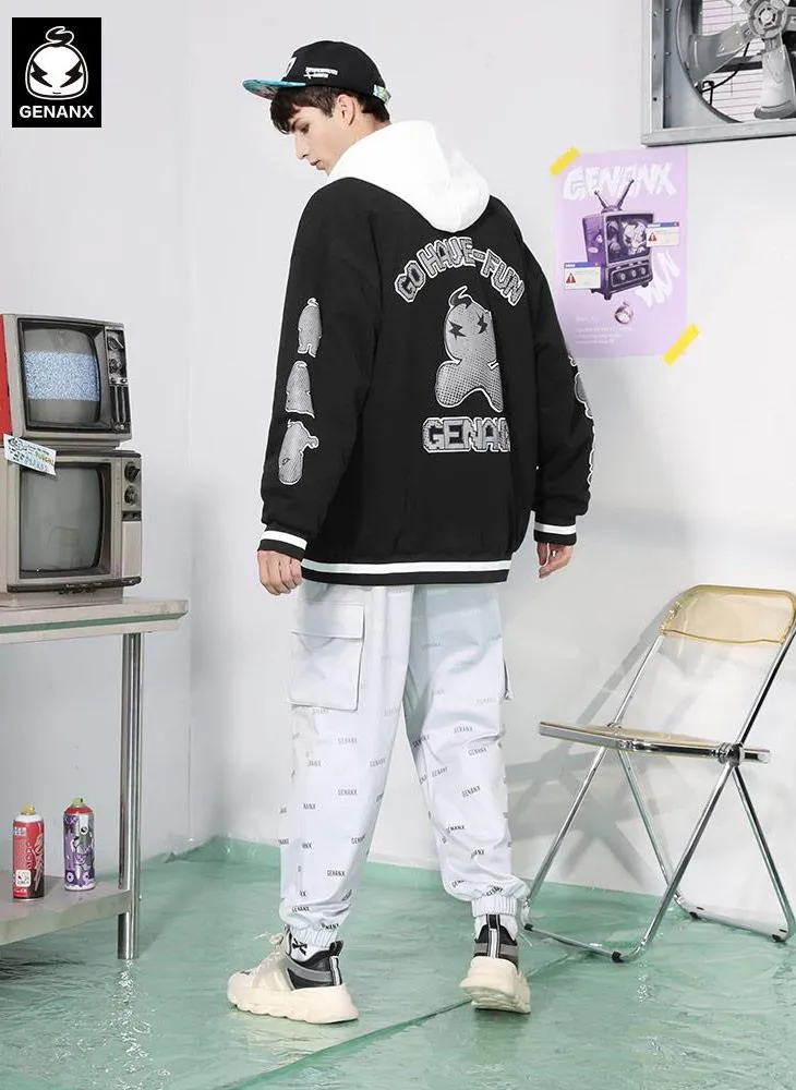 Vibe-Inspired Comic And Letter-Print Baseball Collar Jacket