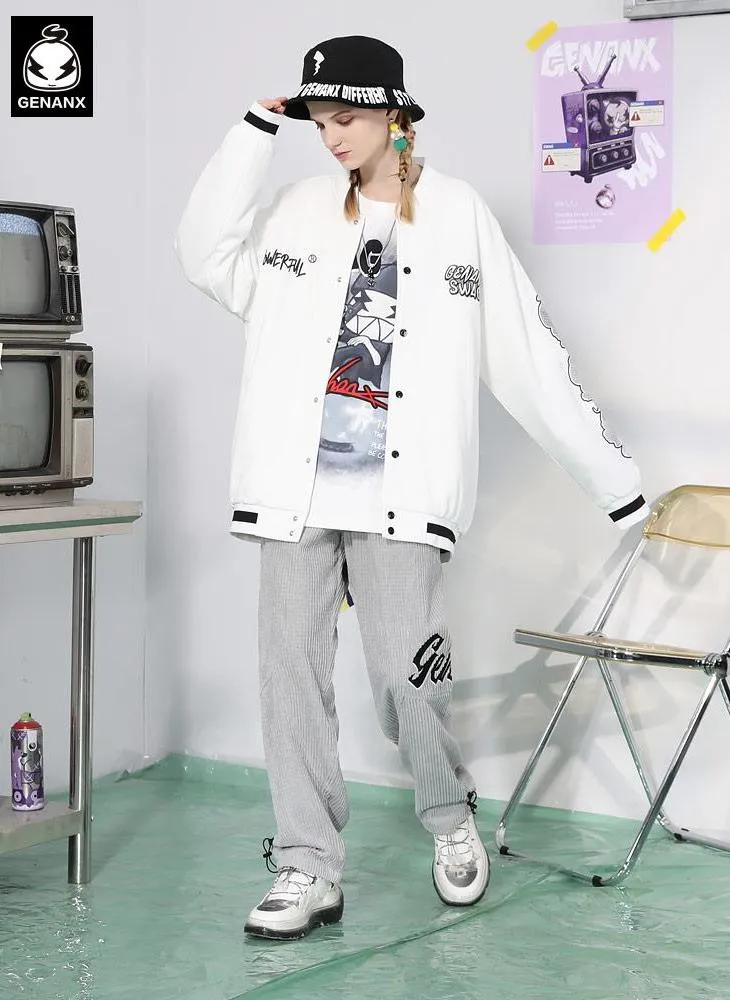 Vibe-Inspired Comic And Letter-Print Baseball Collar Jacket