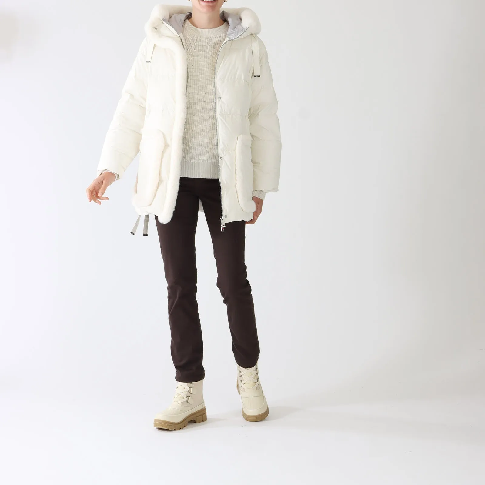 White Down Fur Trimmed Hooded Coat