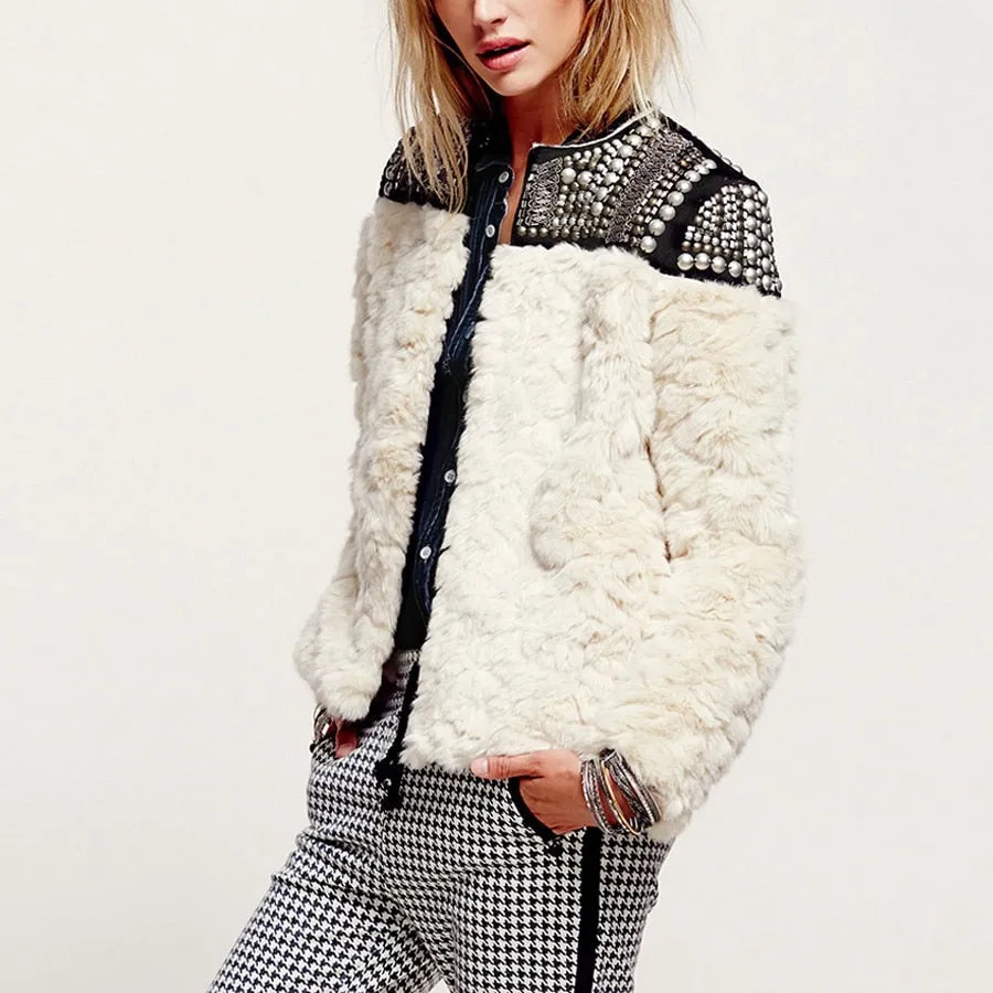 Winter Faux Fur Coat creamy-white hand-made beading rivet Jacket