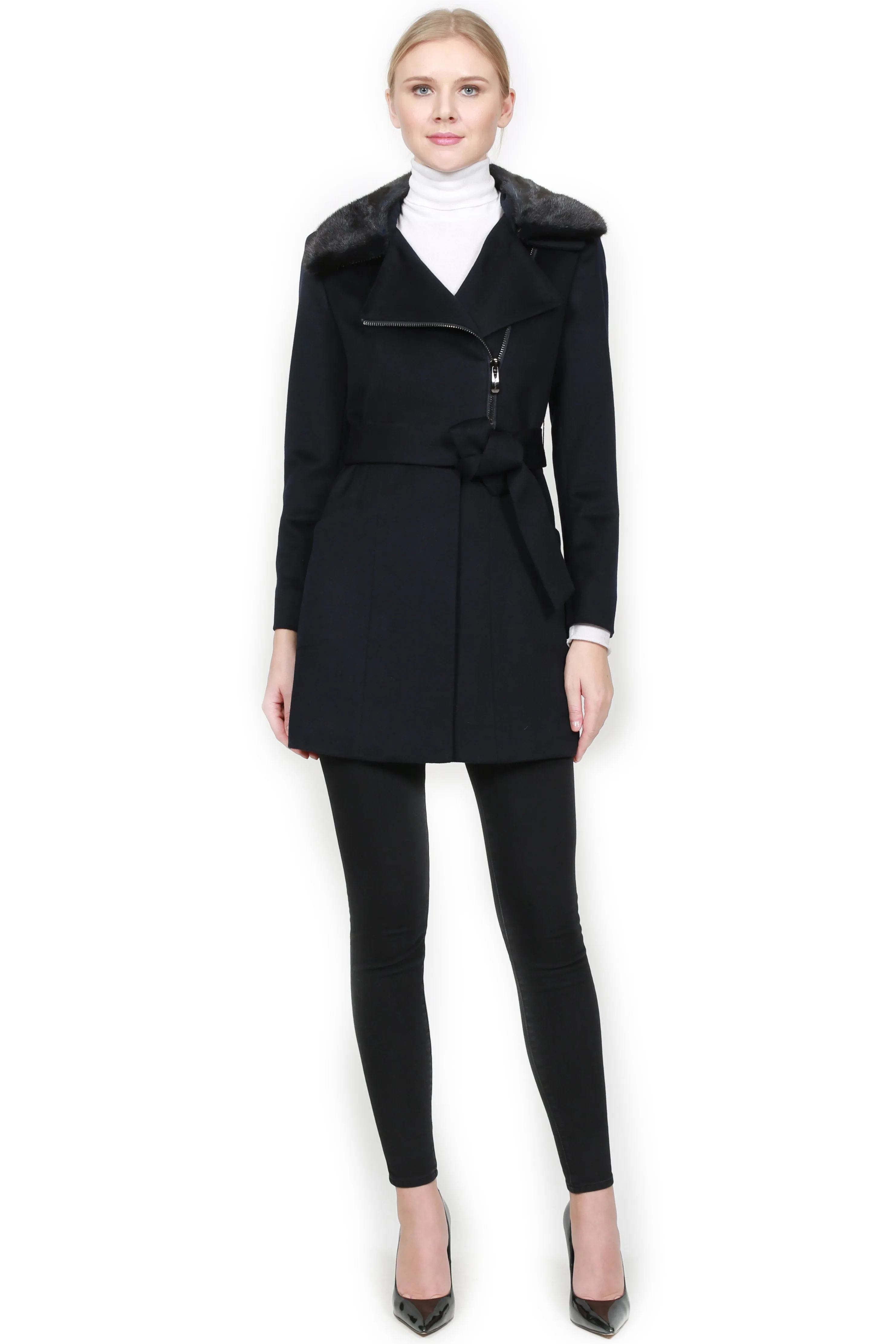 WISMAR - Cashmere Coat with Mink Collar and Belt