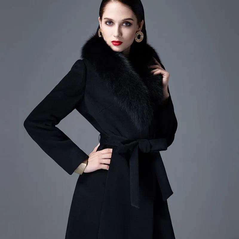 Woman Autumn Winter Wool Coat with Real Fox Fur