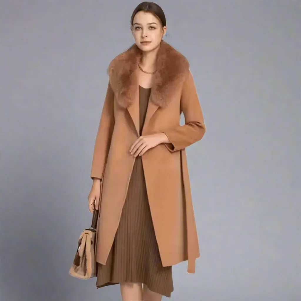 Woman Autumn Winter Wool Coat with Real Fox Fur