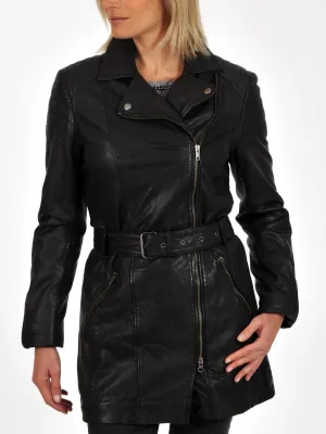 Women's Black Double Breasted Leather Long Coat TC22