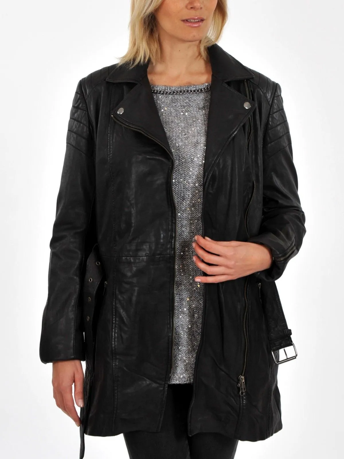 Women's Black Double Breasted Leather Long Coat TC22