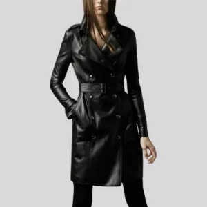 Women's Black Double Breasted Long Trench Belted Coat With Lapel Collar