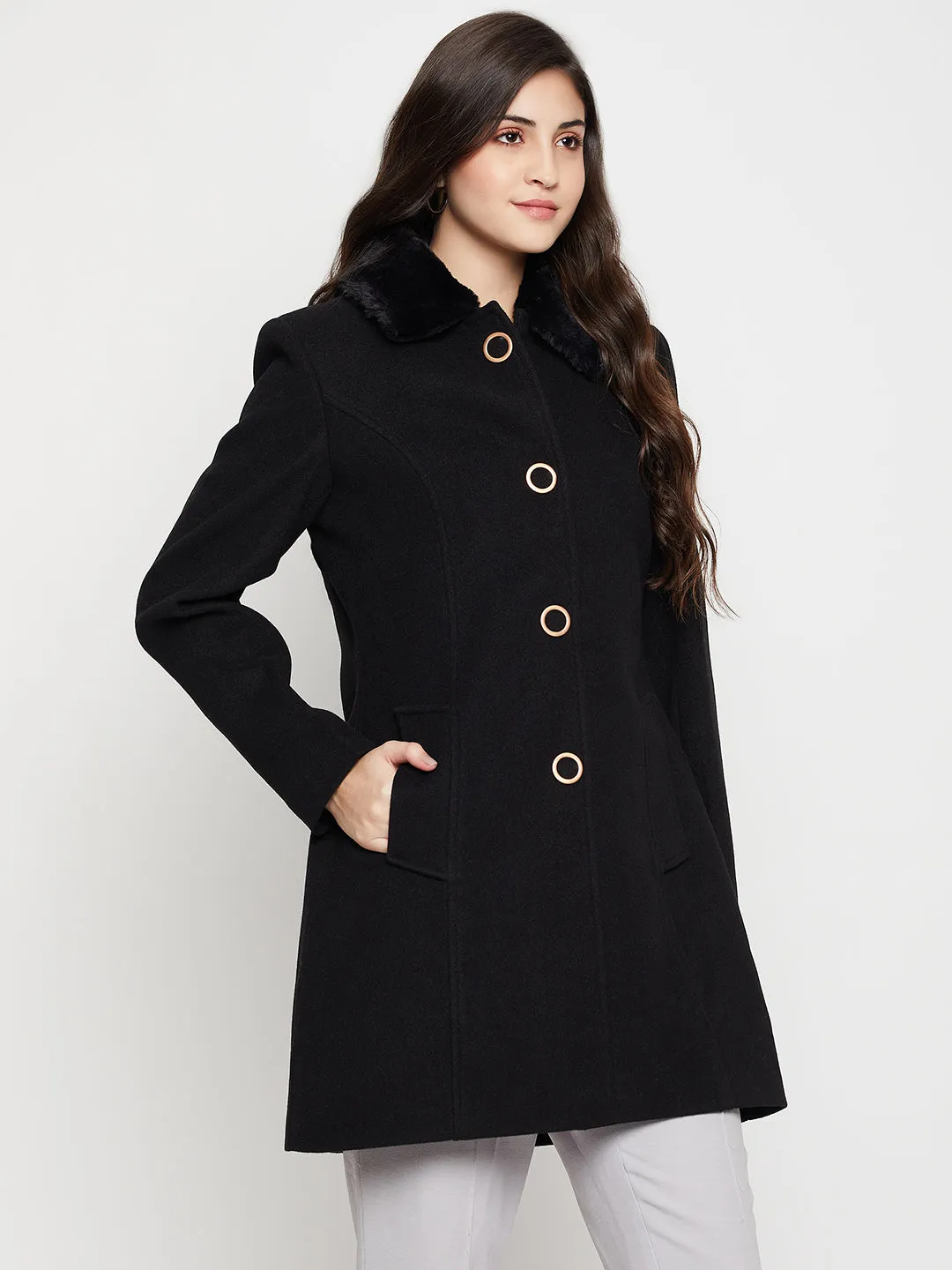 Women's Casual  Black Single breasted  Faux Fur Spread Collar Long Coat