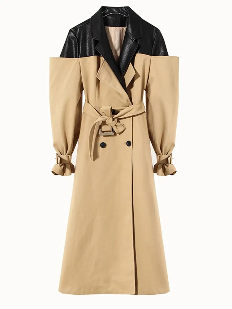 Women's Khaki Vegan Leather Long Trench Coat