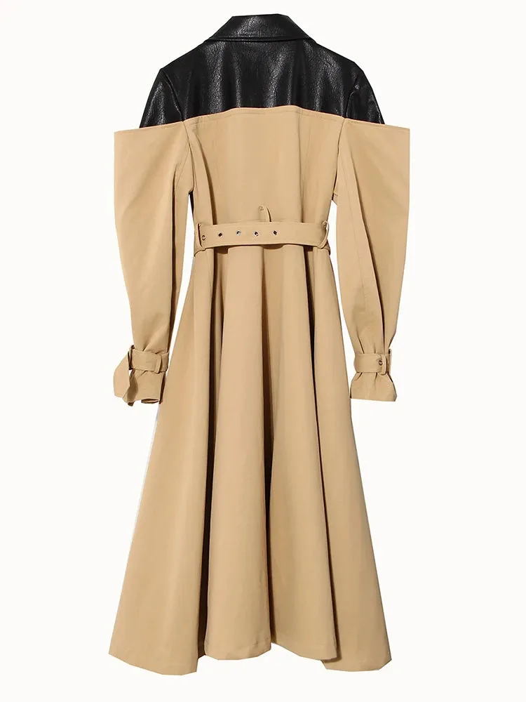 Women's Khaki Vegan Leather Long Trench Coat