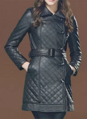 Women's Quilted Double Breasted Leather Trench Coat TC23