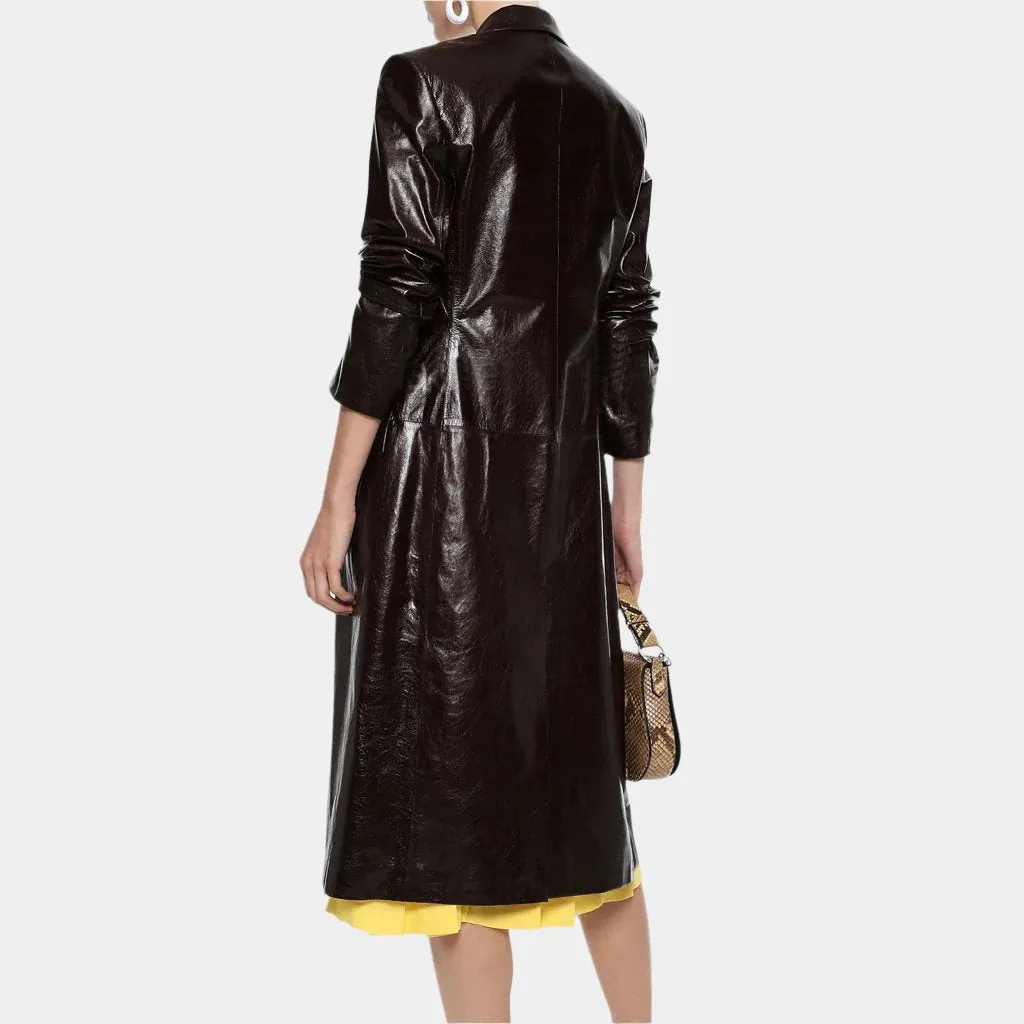 Women’s Trench Leather Coat with Front Flap Pockets