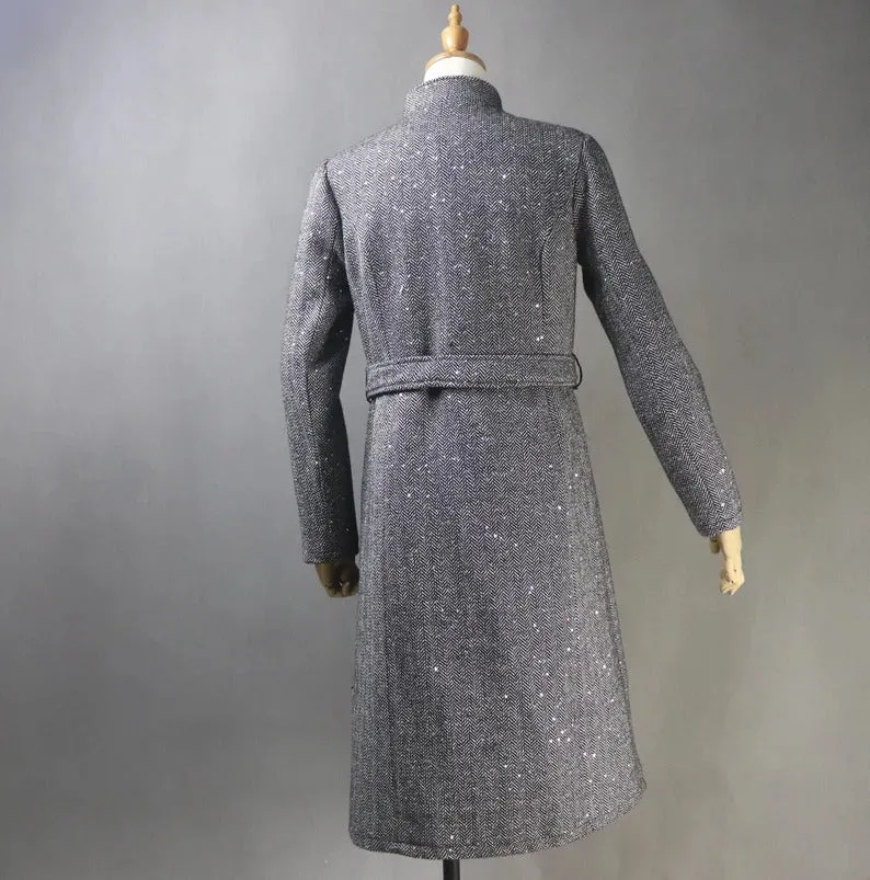 Women's Winter Tailor MADE Sequinned Tweed Belted Long Warm Trench Coat Grey