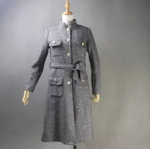 Women's Winter Tailor MADE Sequinned Tweed Belted Long Warm Trench Coat Grey