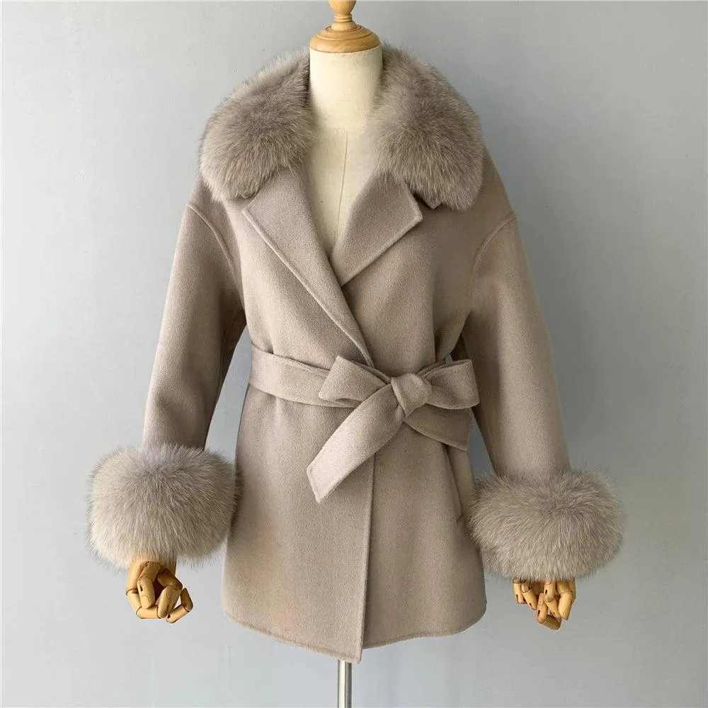 Women's Wool Coat with Real Fur - Elegant Medium-Length C...