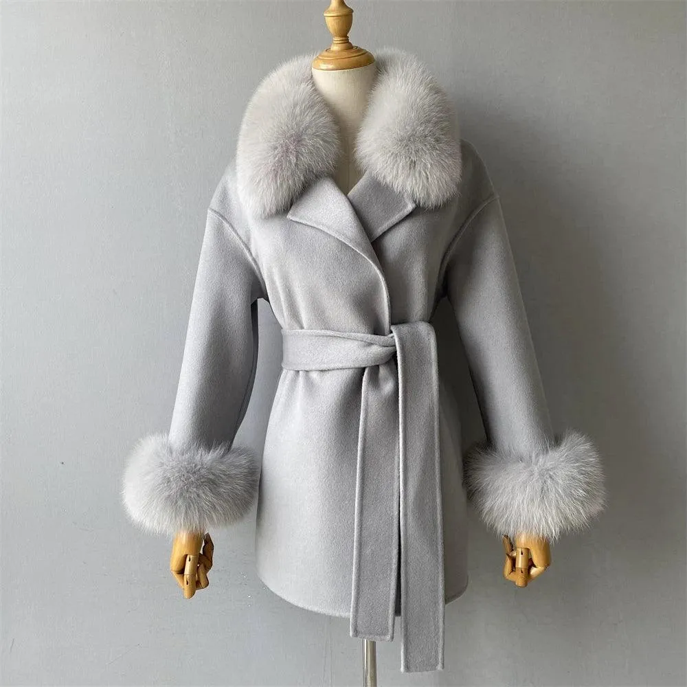 Women's Wool Coat with Real Fur - Elegant Medium-Length C...