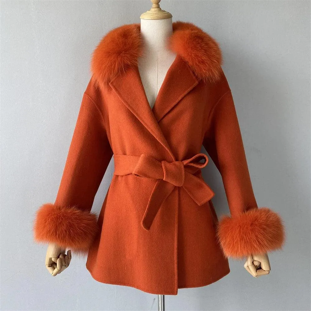 Women's Wool Coat with Real Fur - Elegant Medium-Length C...